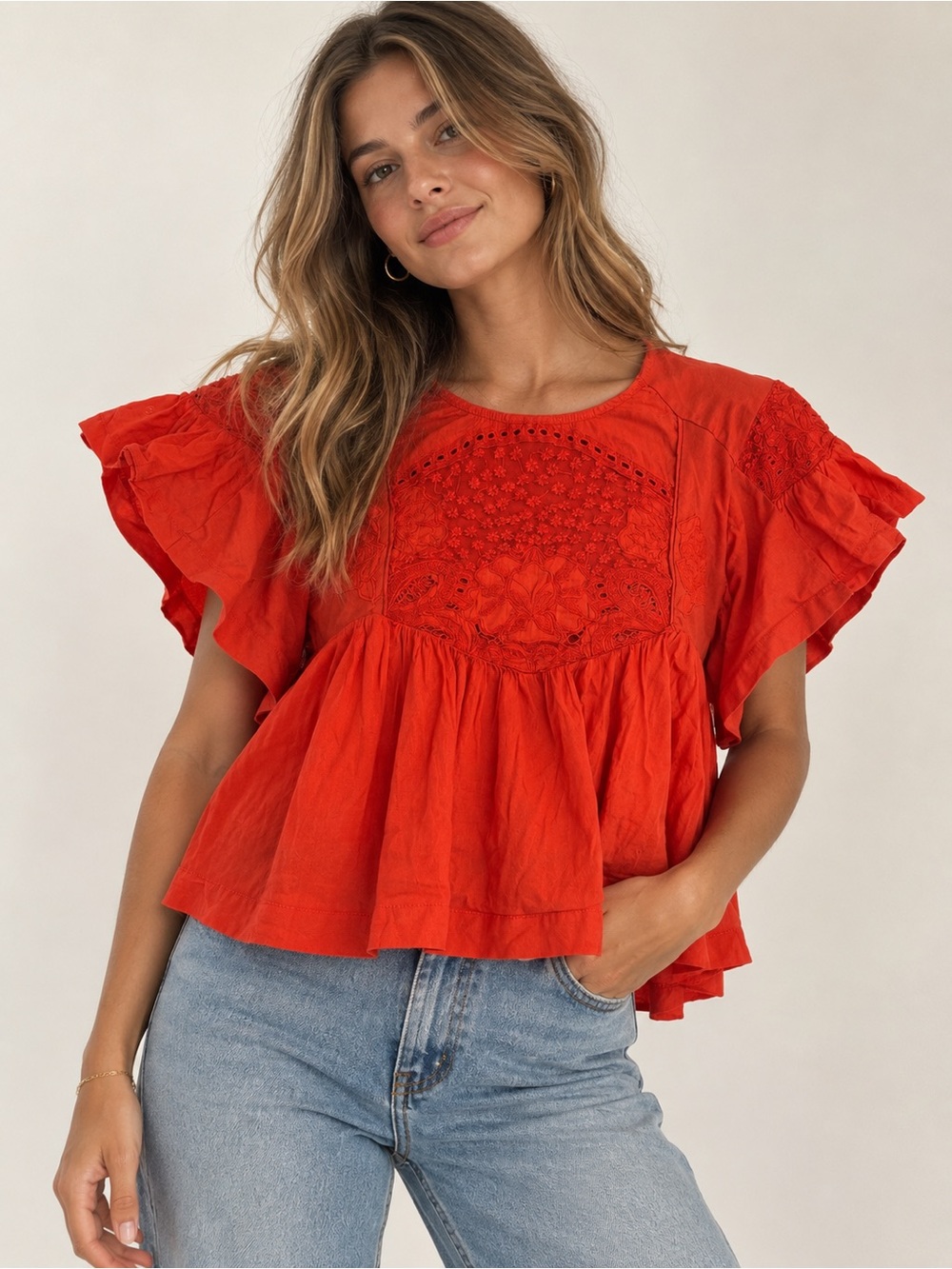 Anthropologie Maeve Red Coral Embroidered Lace Sleeve Peplum Blouse